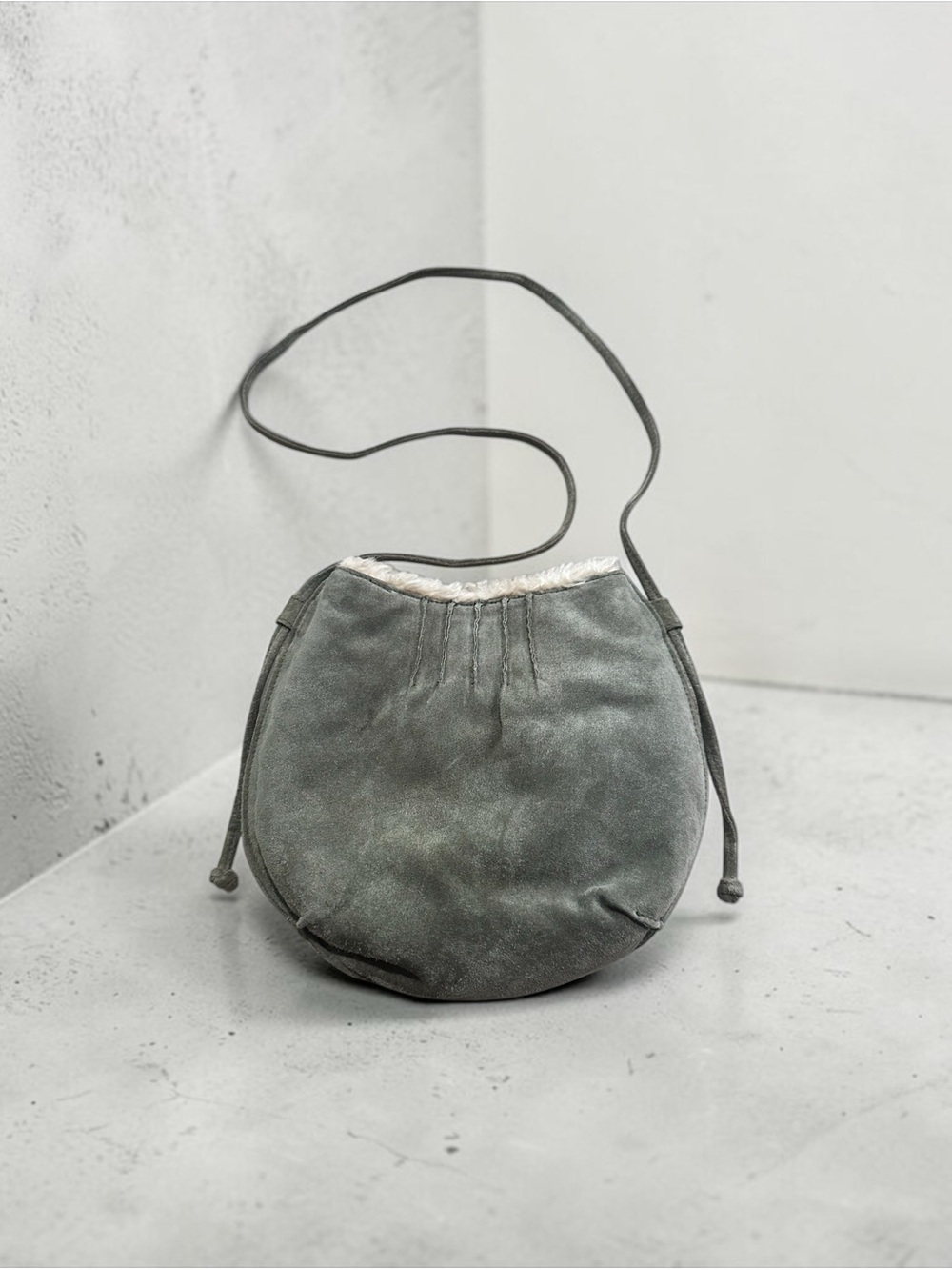 Wilsons Leather Vintage Maxima Suede Pouch Crossbody Bag Sherpa Lining Sage Moss